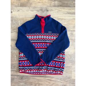 Lands End Women's Heritage Fleece Snap Neck Pullover Size XL/18 Red Navy Chevron